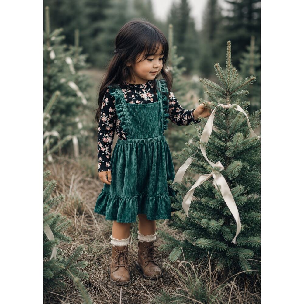 Evergreen Dreams Velvet Ruffle Strap Pinafore Dress + Floral Top 4T